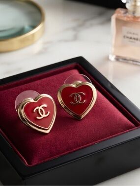 CHANEL Red Heart Stud Earrings
